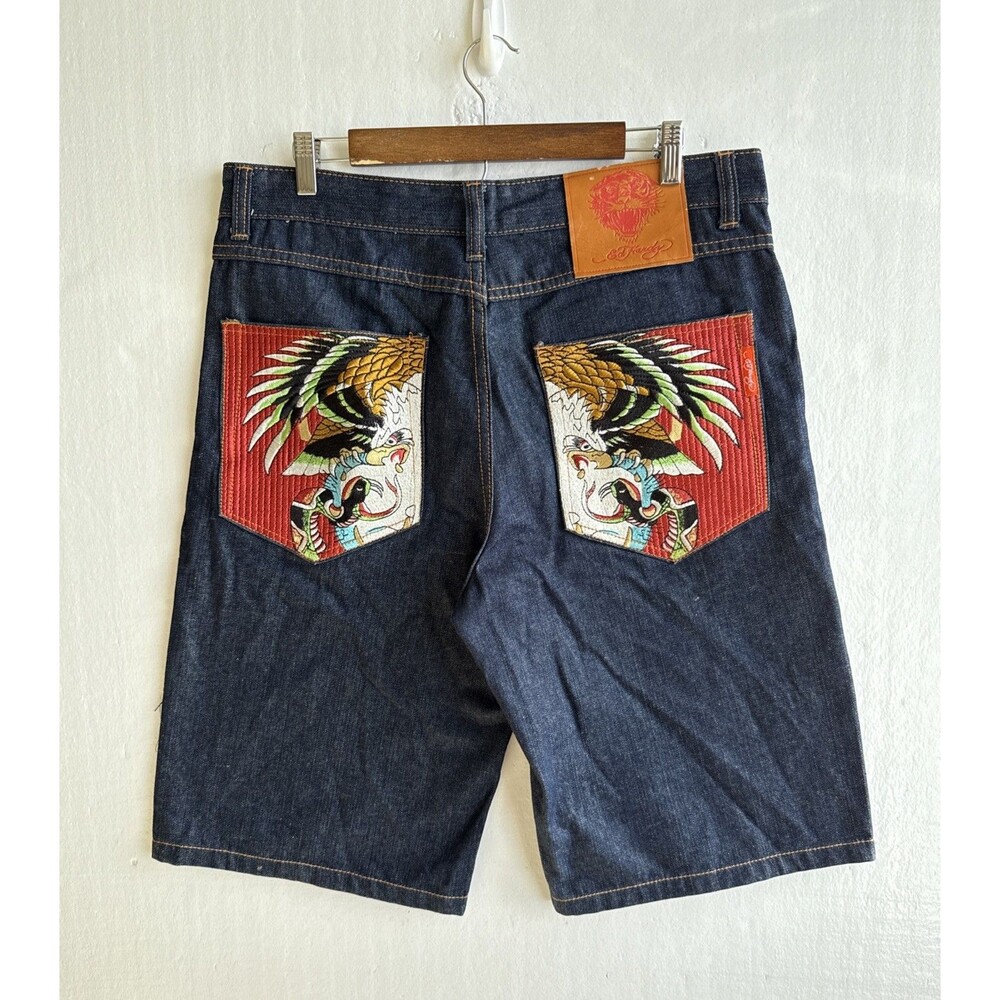 Ed Hardy Denim Shorts Y2K 2008 Men's Size 34 Eagle Snake Embroidered Vintage